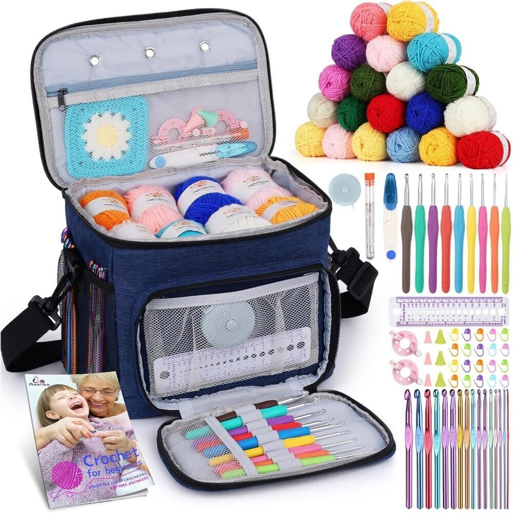 Complete Beginner Kit 87PCS, Crochet Kit for Beginners Adults, Navy Portable